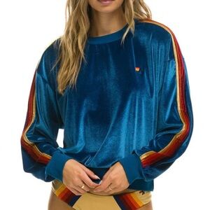 Aviator Nation Women's Sweatshirt Size Small Velour Velvet Blue Striped Pullover